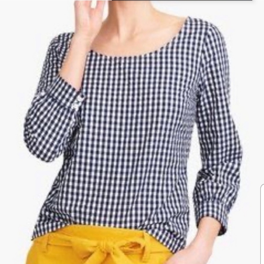 J Crew Factory Seersucker Gingham Print Peasant Top Blue XXL